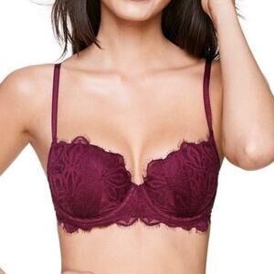 32D date push up bra Victoria's Secret maroon lace sexy underwire padded